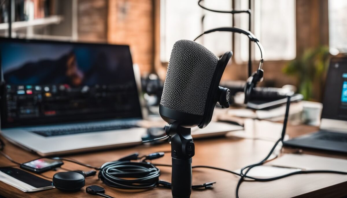 Een foto van podcastuitrusting op een bureau.