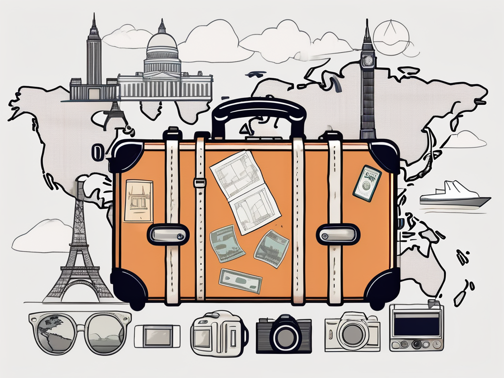 A suitcase filled with travel essentials like a map