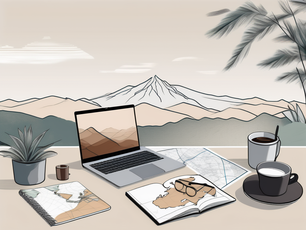 A serene and inviting outdoor workspace set in a picturesque foreign landscape